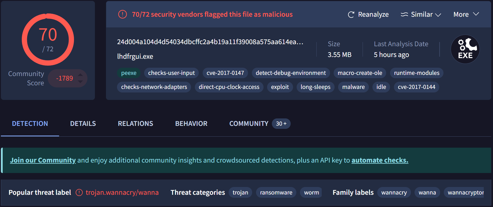 VirusTotal showing numerous detections for this hash
