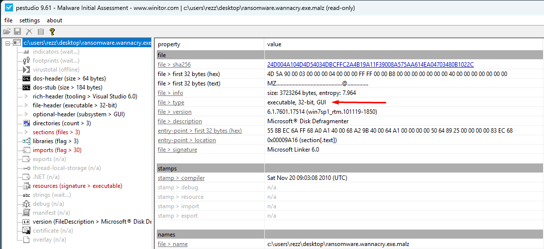 PEStudio showing 32-bit architecture
